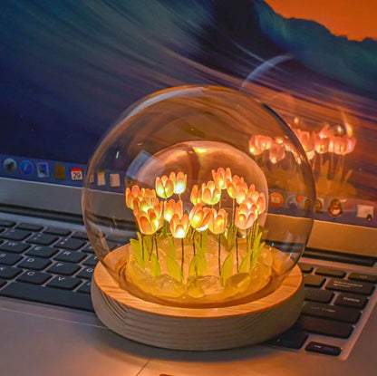 Tulip Glass Dome Night Lamp | Handcrafted LED Floral Terrarium Light with Warm Amber Glow | Birthday Gift for Women, Mom, Wife
