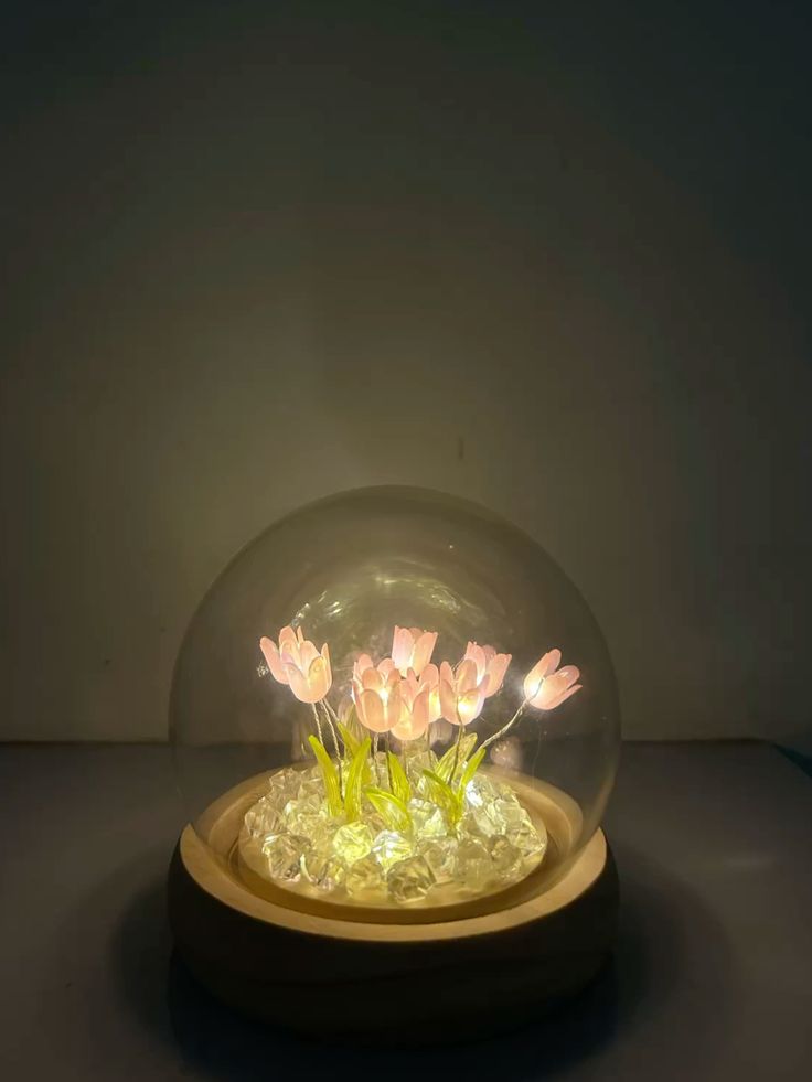 Tulip Glass Dome Night Lamp | Handcrafted LED Floral Terrarium Light with Warm Amber Glow | Birthday Gift for Women, Mom, Wife