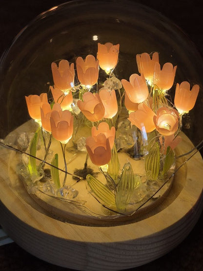 Tulip Glass Dome Night Lamp | Handcrafted LED Floral Terrarium Light with Warm Amber Glow | Birthday Gift for Women, Mom, Wife